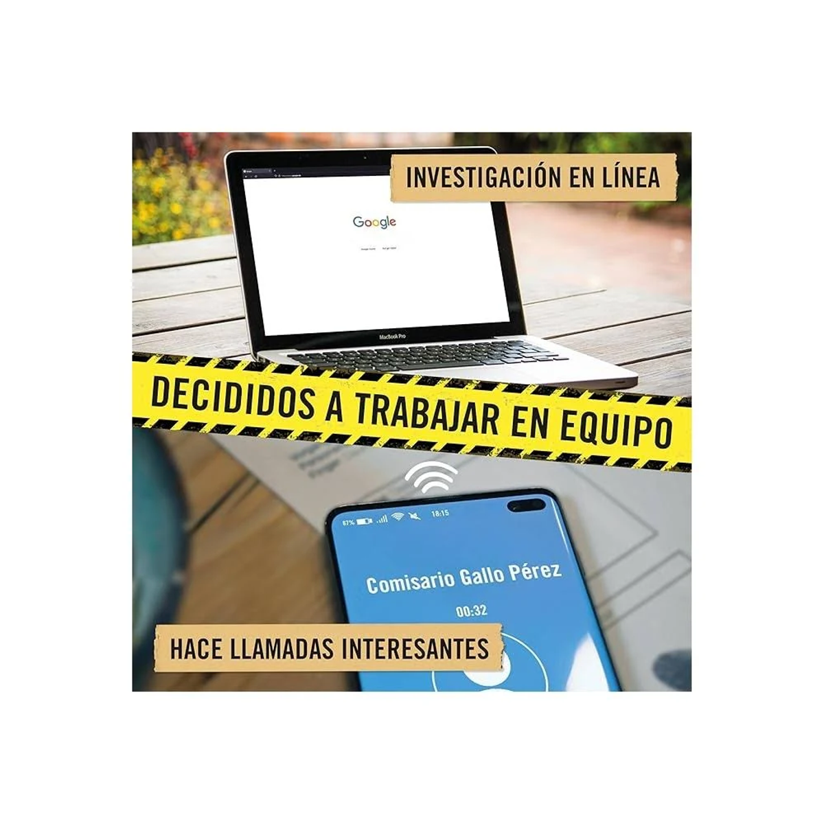 Ordenador portátil con Google, teléfono con llamada, y texto: investigación en línea, decididos a trabajar en equipo, llamadas interesantes.