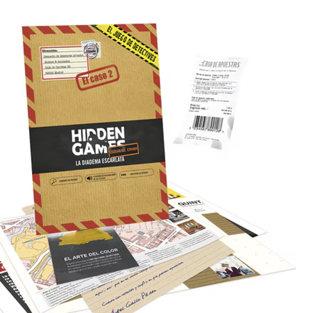 Una caja de juego con rayas rojas, papeles y un recibo sobre una superficie blanca. La caja dice 'Hidden Games' y 'El caso 2'.