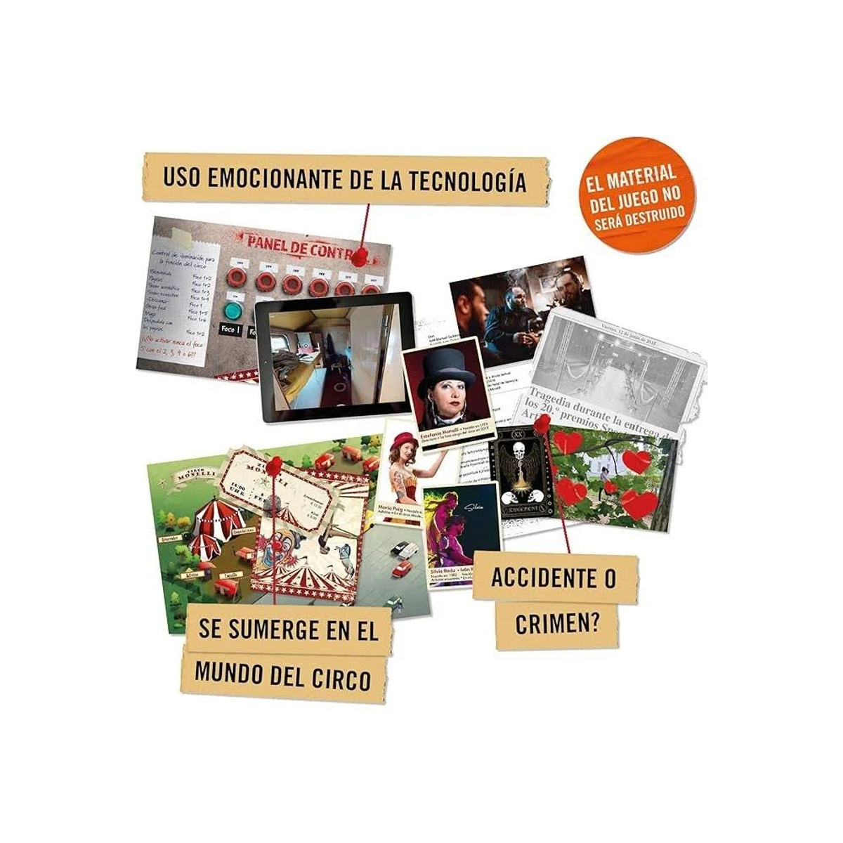Collage con temas de circo y tecnología. Incluye un panel de control, fotos, recortes de periódicos y bloques de texto en español.