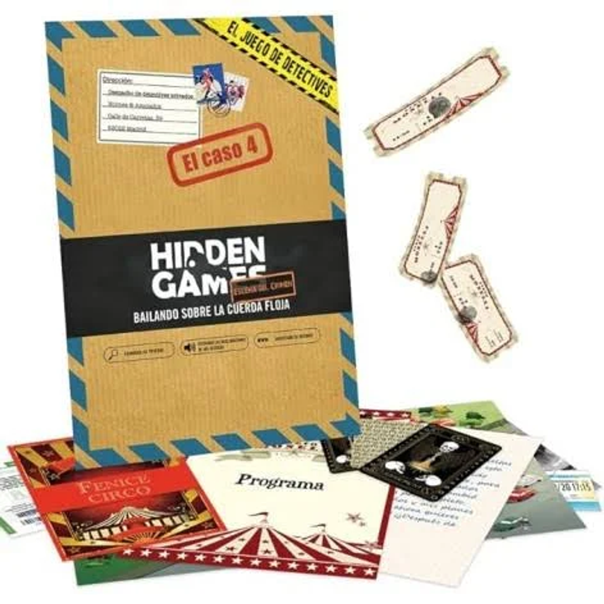 Juego de caja de cartón titulado 'Hidden Games'. Incluye cartas y piezas de juego con varios diseños y texto en español. Tarjetas con temas de circo.