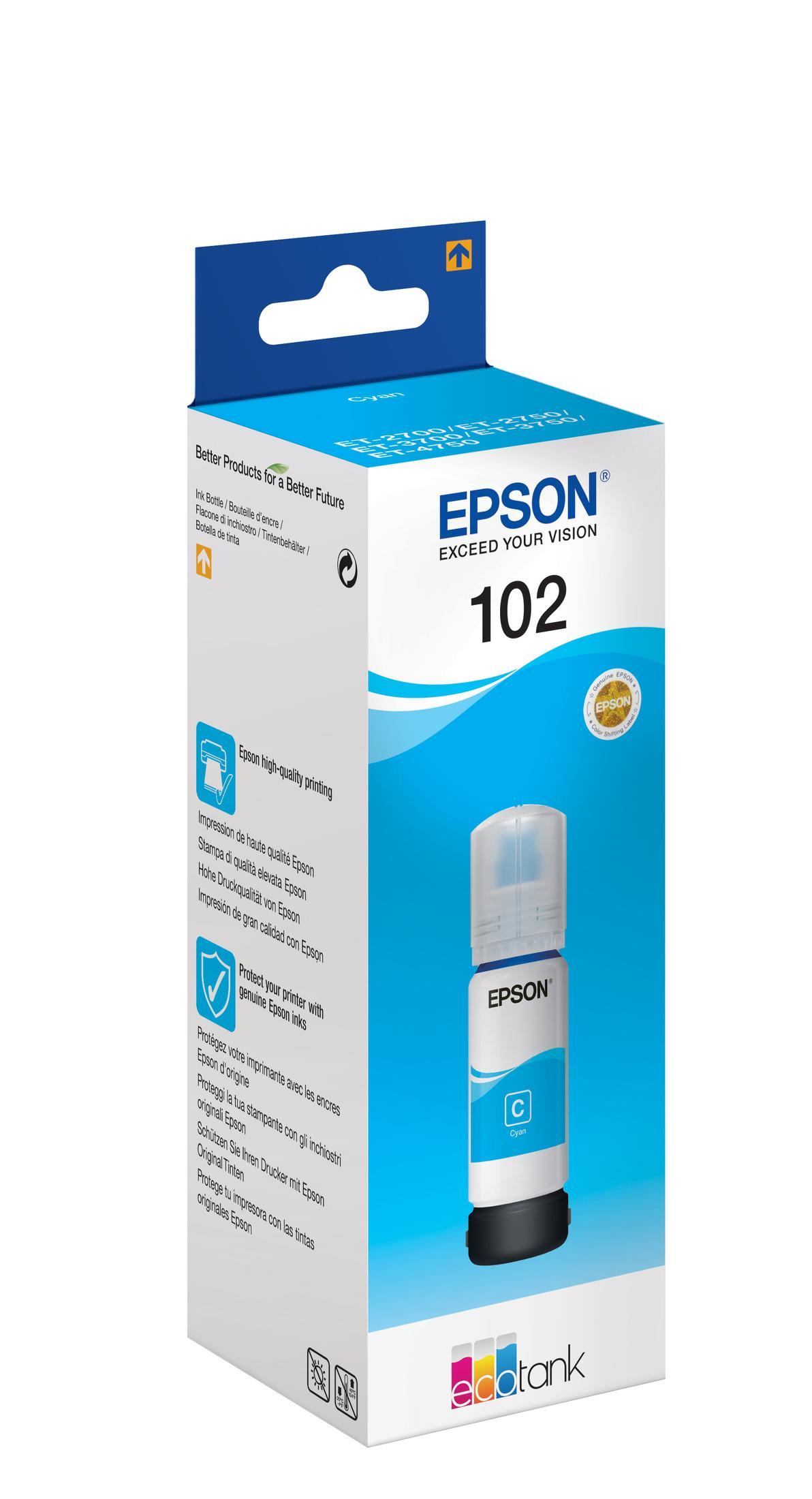 Flacone di inchiostro Epson. Flacone di inchiostro bianco e ciano su una scatola bianca e blu. La scatola ha il logo Epson e le informazioni sul prodotto.