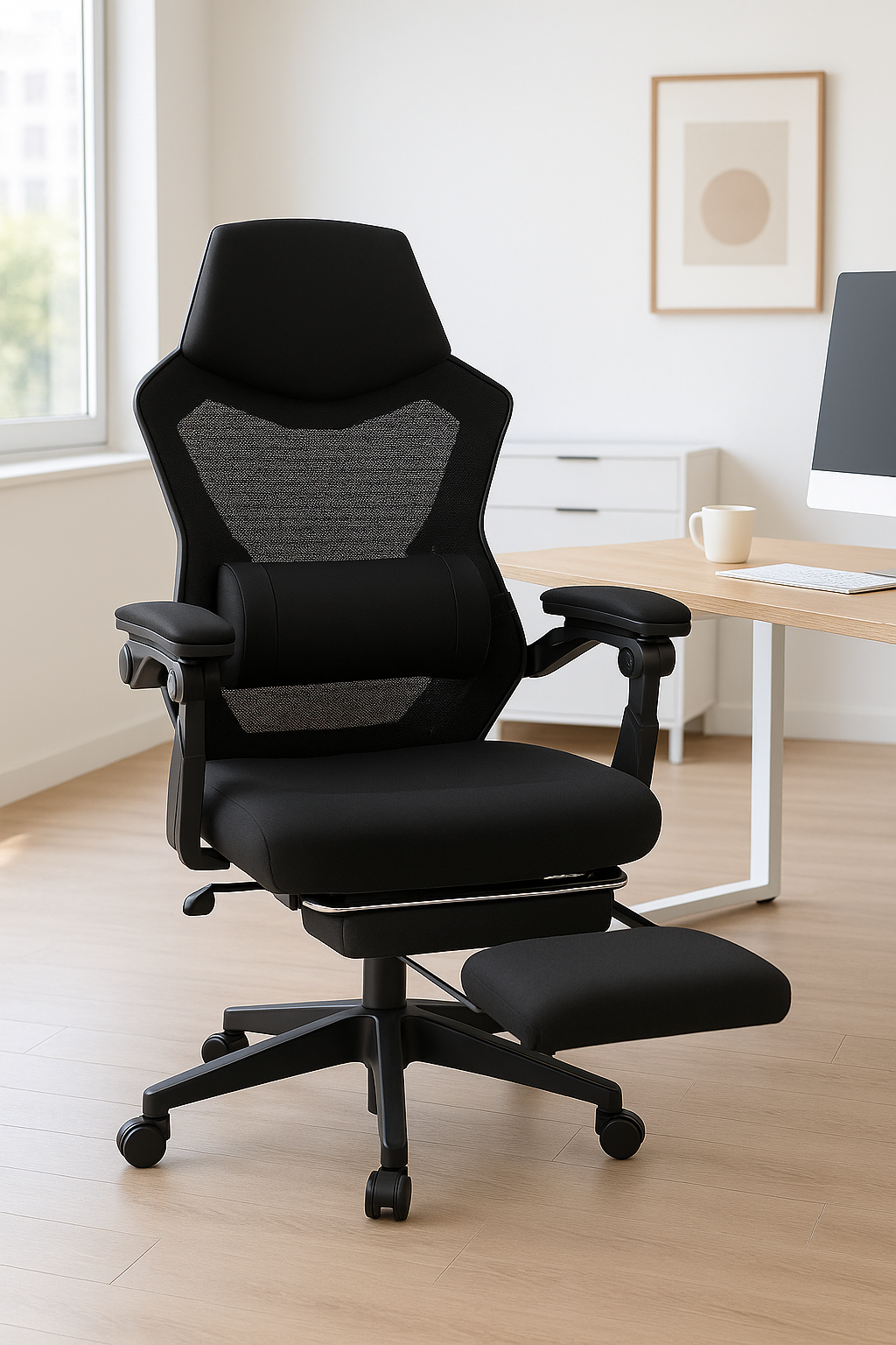 Silla de oficina ergonómica negra con reposacabezas y reposapiés. Pared blanca, escritorio y arte enmarcado en el fondo.