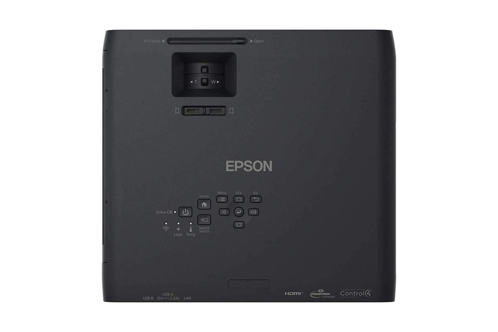 Czarny projektor Epson z przyciskami sterowania. Posiada porty HDMI, USB i LAN. Na górze znajdują się przyciski i logo Epson.