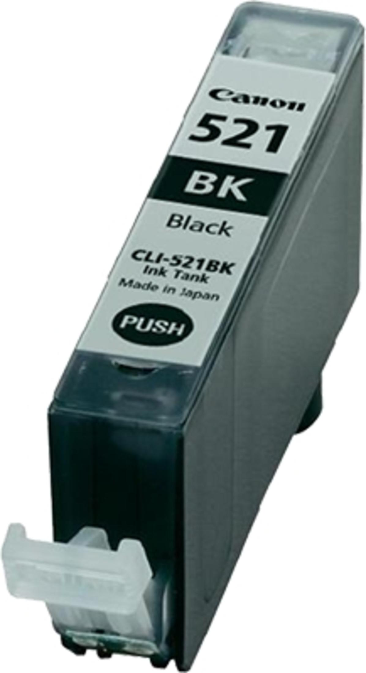 Een Canon 521 BK inktcartridge. Het heeft een zwarte behuizing met witte labels. De cartridge zegt 'Black', 'CLI-521BK Ink Tank' en 'PUSH'.