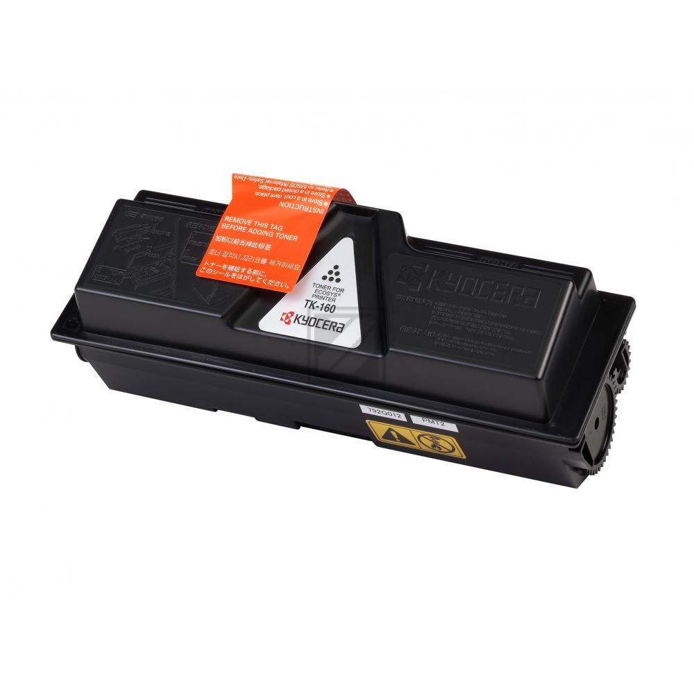 Una cartuccia toner Kyocera TK-160 nera con un'etichetta arancione. Testo in più lingue visibile sull'etichetta e sulla cartuccia.