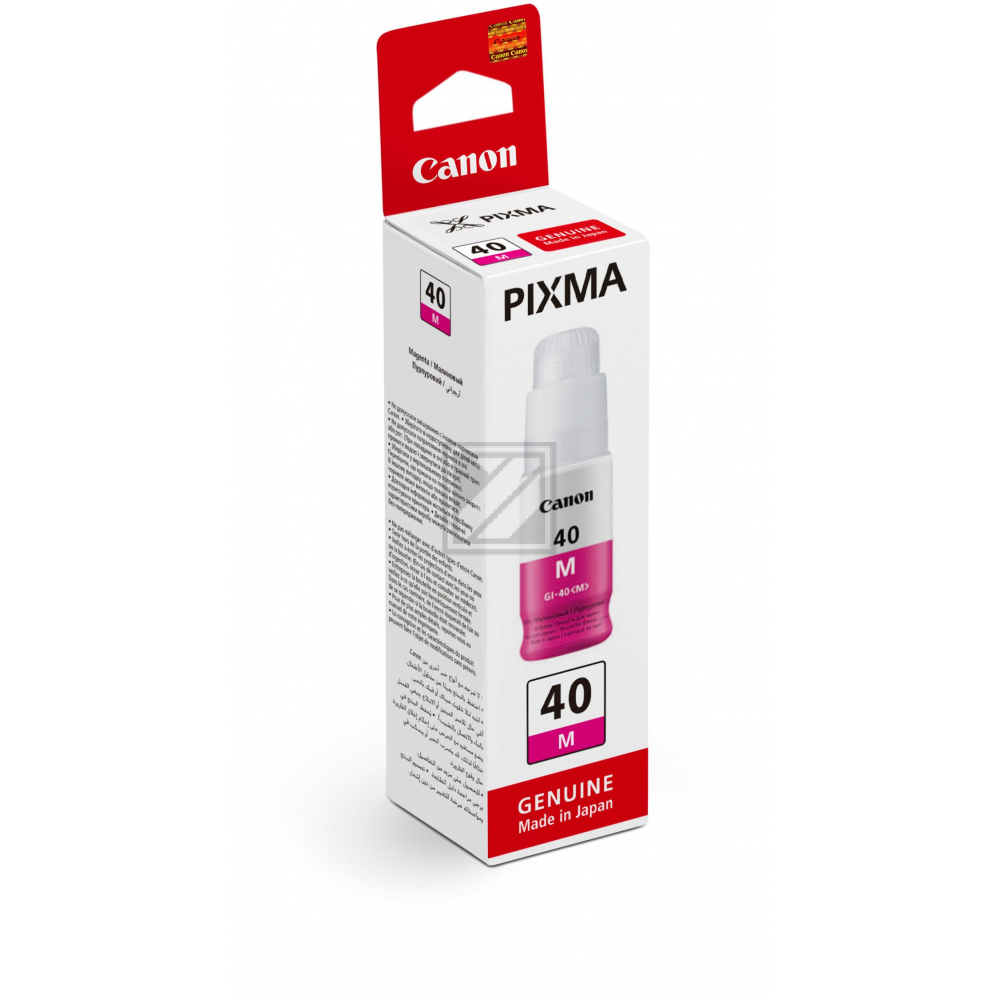 Pudełko z wkładem atramentowym Canon Pixma. Jest białe z czerwonymi akcentami. Wyświetla '40 M' i 'Genuine Made in Japan'.