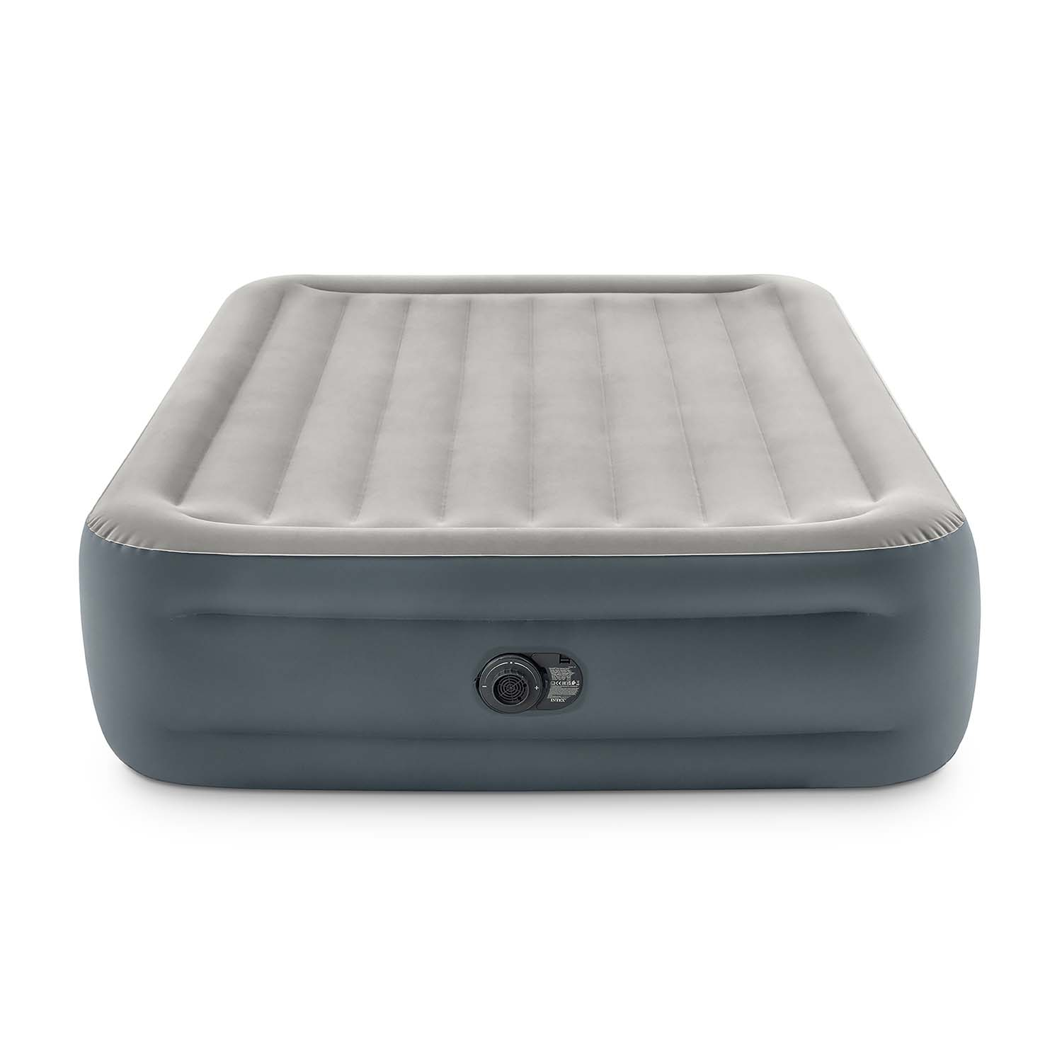 Nadmuchiwany materac, szary wierzch i ciemnoszare boki, na białym tle. Posiada zawór z boku.