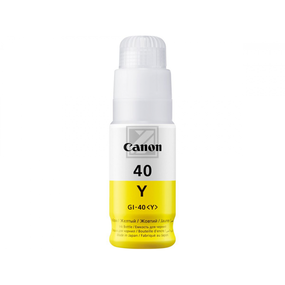 Butelka z tuszem Canon, biała góra, żółta podstawa. Etykieta mówi 'Canon 40 Y GI-40 <lt/>Y<gt/>'. Tekst w wielu językach.