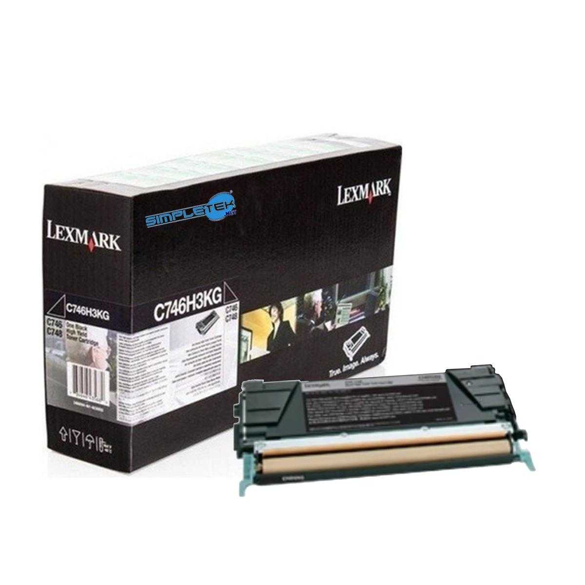 Una scatola di cartucce toner Lexmark C746H3KG e una cartuccia. La scatola è nera con testo bianco. La cartuccia è nera e beige.