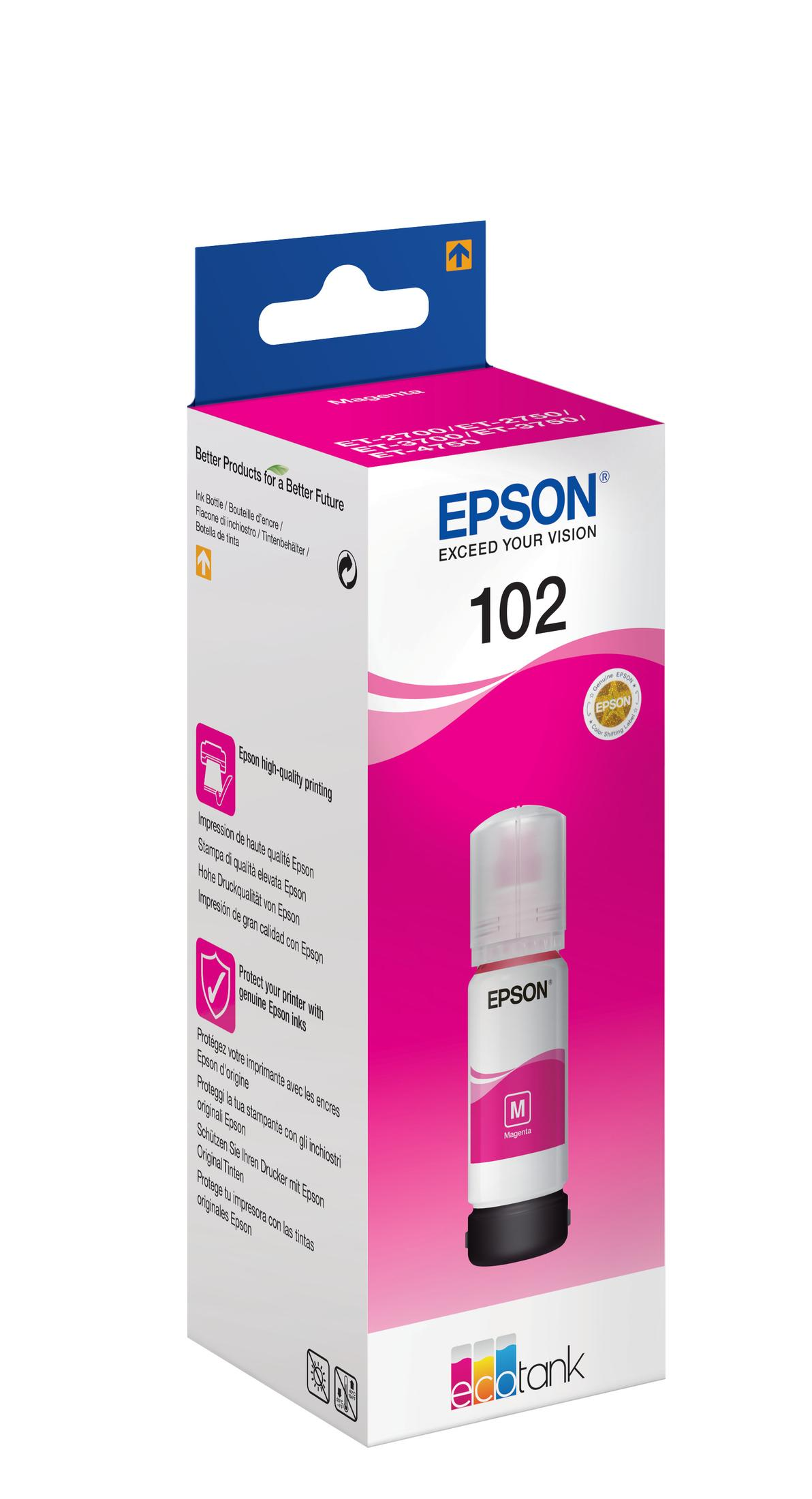 Butelka z tuszem Epson, w kolorze magenta. Pudełko produktu z logo i tekstem Epson. Zawiera numer 102.