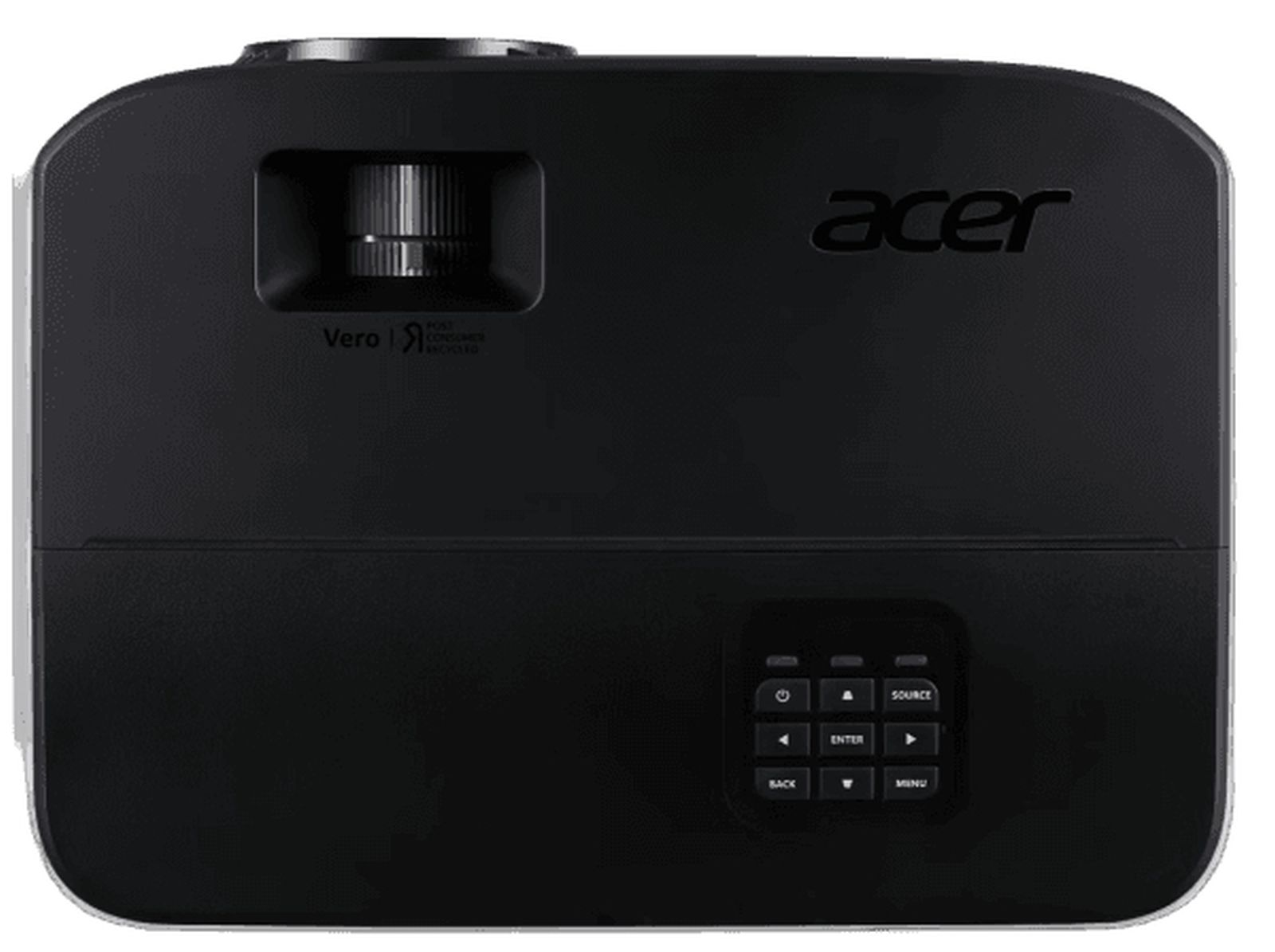 Czarny projektor Acer z obiektywem, przyciskami sterowania i logo Acer. Jest to model z serii Vero, wykonany z materiałów pochodzących z recyklingu.