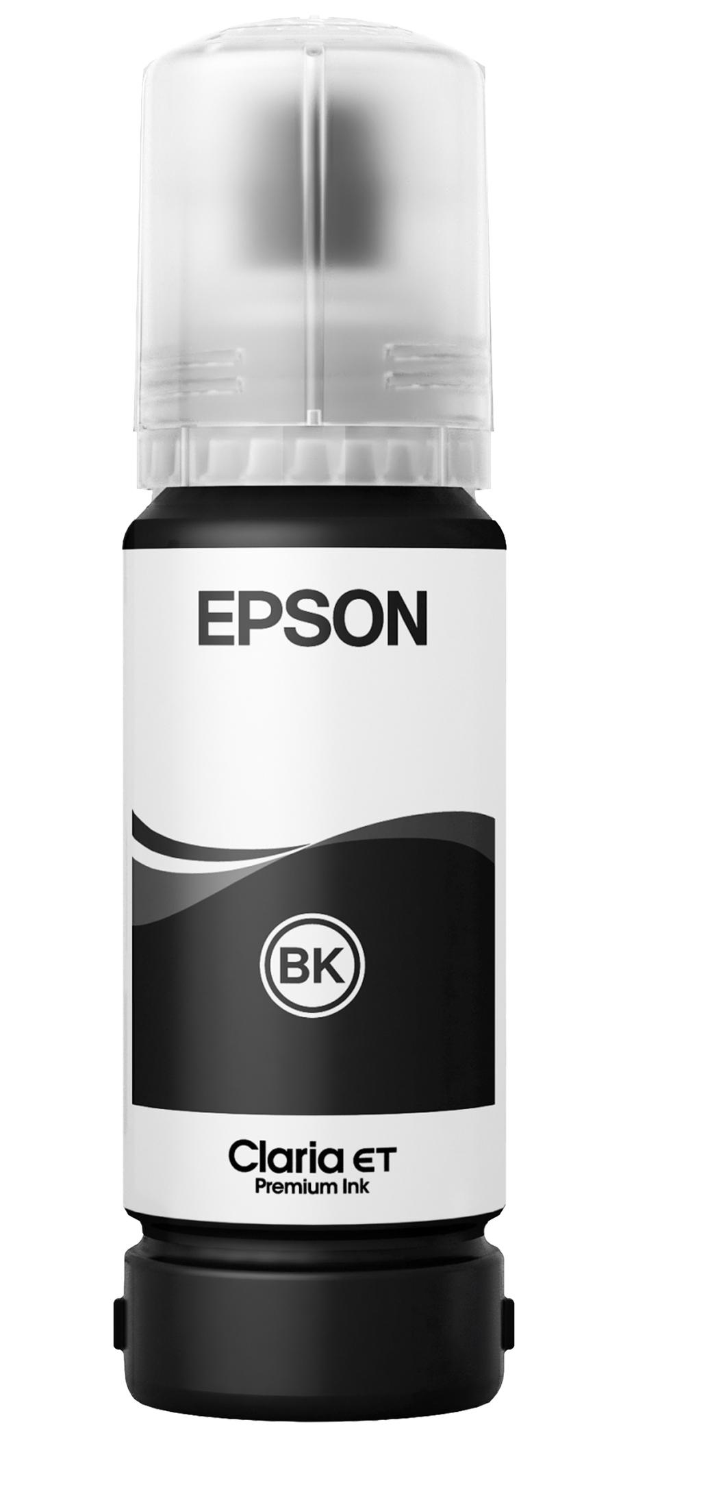 Butelka z czarnym tuszem Epson Claria ET. Czarna butelka z białym etykietą, logo Epson i symbolem BK. Przezroczysta plastikowa nasadka.