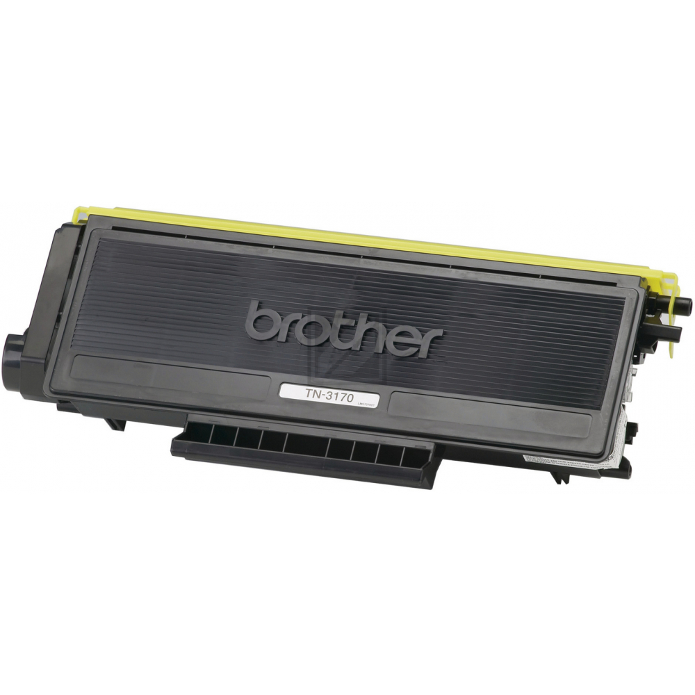 Una cartuccia toner nera Brother TN-3170 con dettagli gialli, leggermente inclinata. Il logo Brother è visibile.