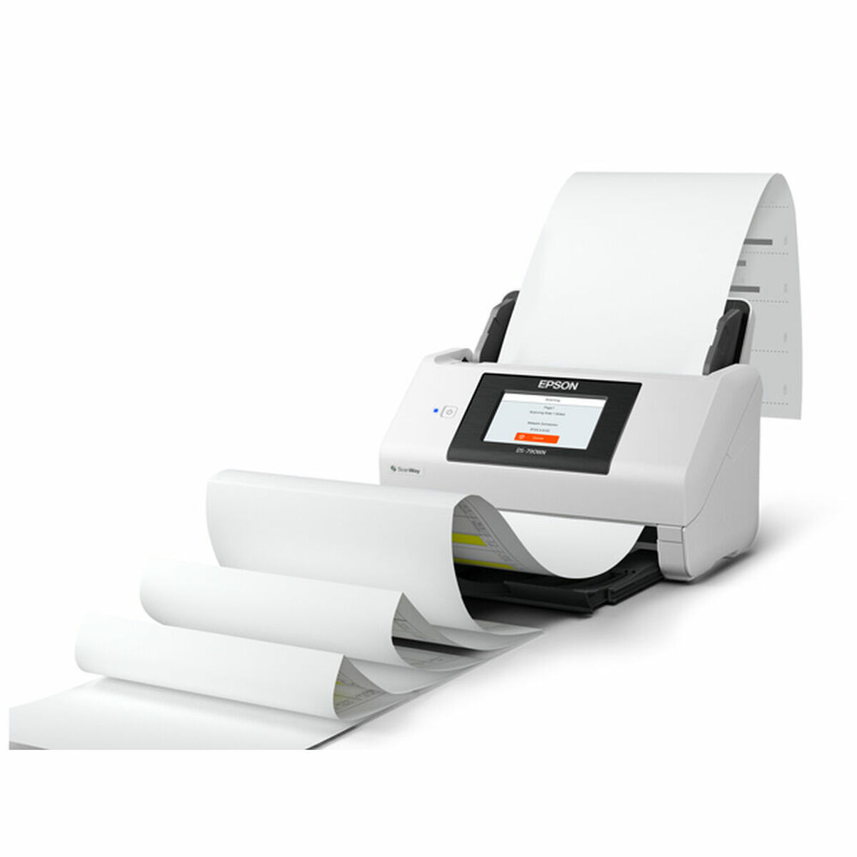 Een witte Epson scanner met een rol papier die eruit komt, en een andere rol die erin gaat.