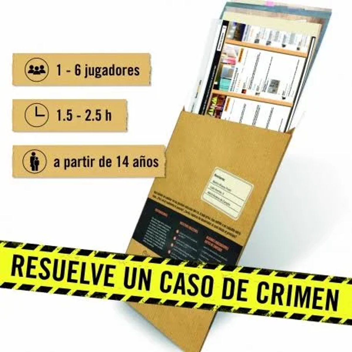 Un sobre marrón con papeles. Cinta amarilla dice 'RESUELVE UN CASO DE CRIMEN'. Tres tarjetas informativas muestran detalles de jugador, tiempo y edad.
