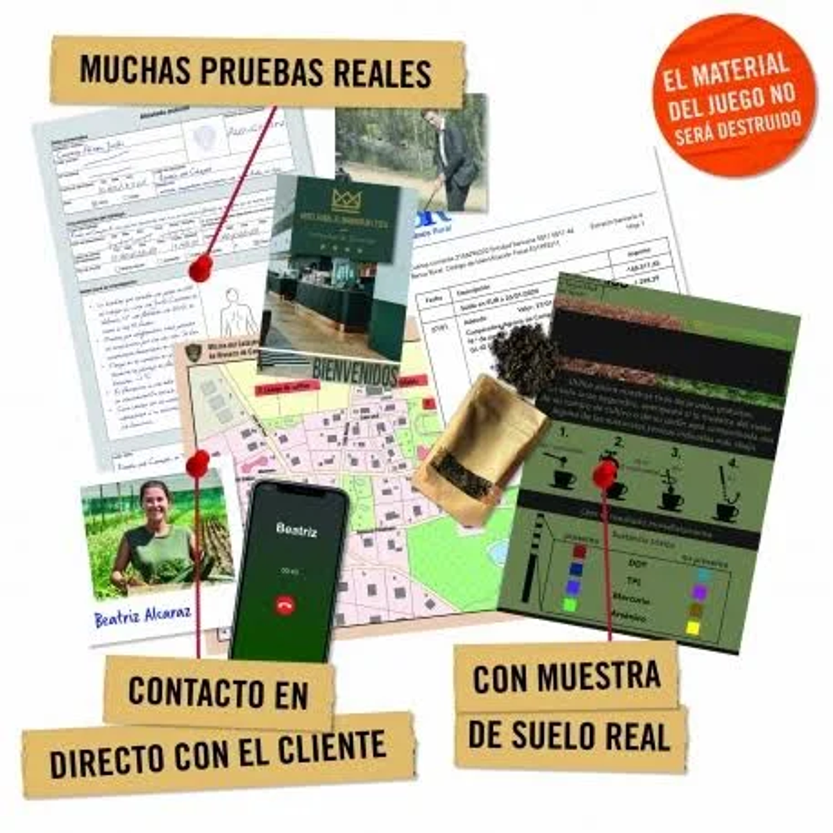 Collage de documentos, fotos y un teléfono. Incluye un mapa, una persona en el teléfono y texto en español. El texto trata sobre pruebas reales.