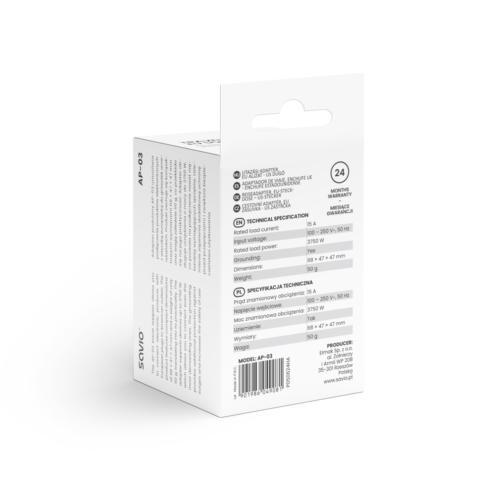 Białe pudełko produktu z tekstem i szczegółami technicznymi, w tym specyfikacjami adaptera podróżnego AP-03.