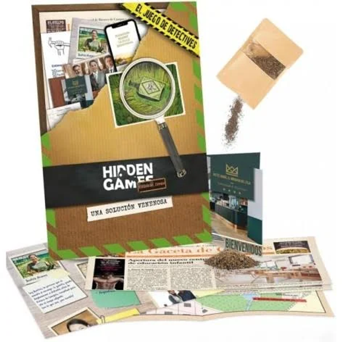 Una caja de juego con lupa, teléfono y papeles. Una pequeña bolsa está abierta y vierte su contenido. Periódicos y otros documentos son visibles.