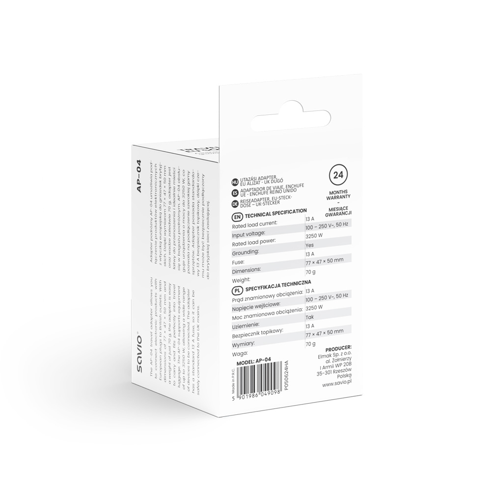 Biało-czarne pudełko adaptera z tekstem. Posiada specyfikacje techniczne i 24-miesięczną gwarancję.