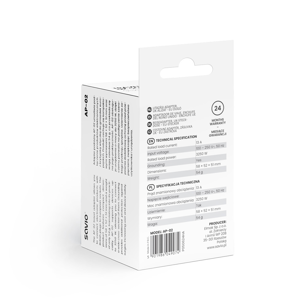 Białe pudełko adaptera. Tekst zawiera 'AP-02', 'Specyfikacja techniczna' i '24 miesiące gwarancji'.