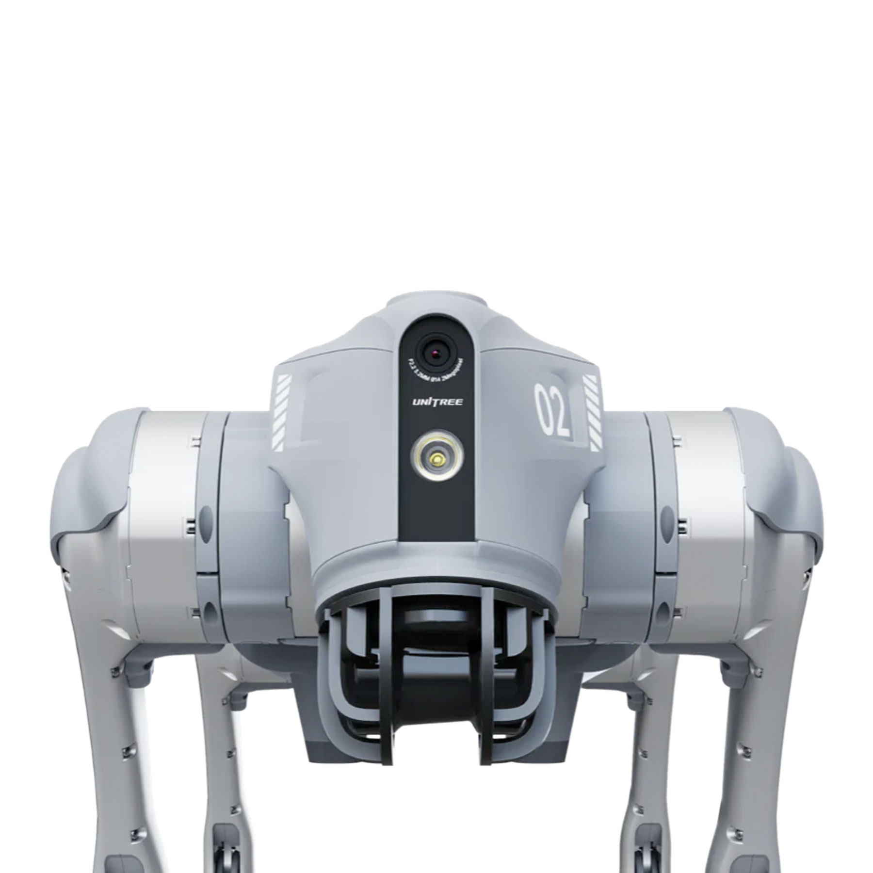 Un perro robot gris con cámara. Tiene patas y una cabeza con cámara y la palabra Unitree.