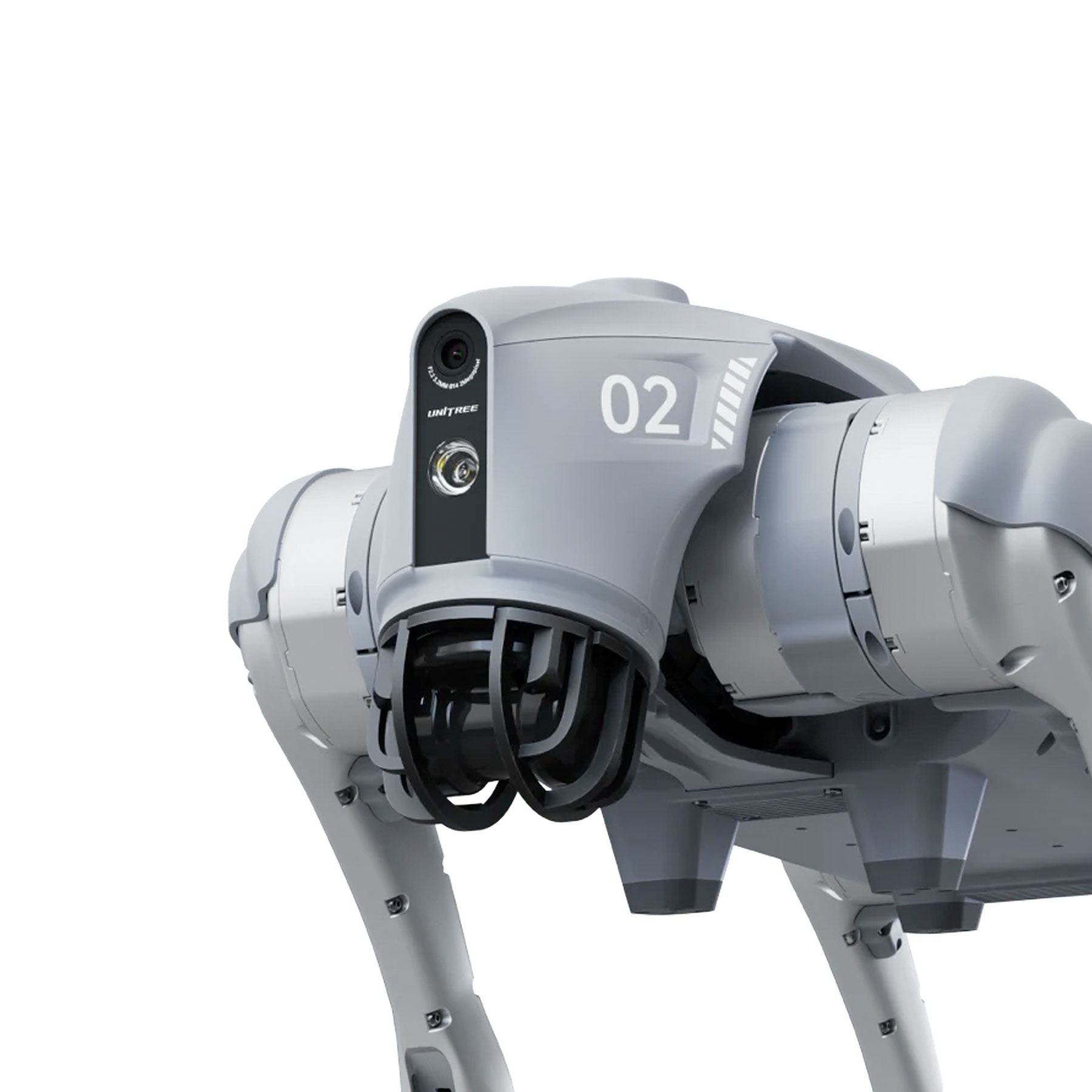 Cabeza gris de perro robot con cámara y el número 02. El robot sobre fondo blanco, primer plano.