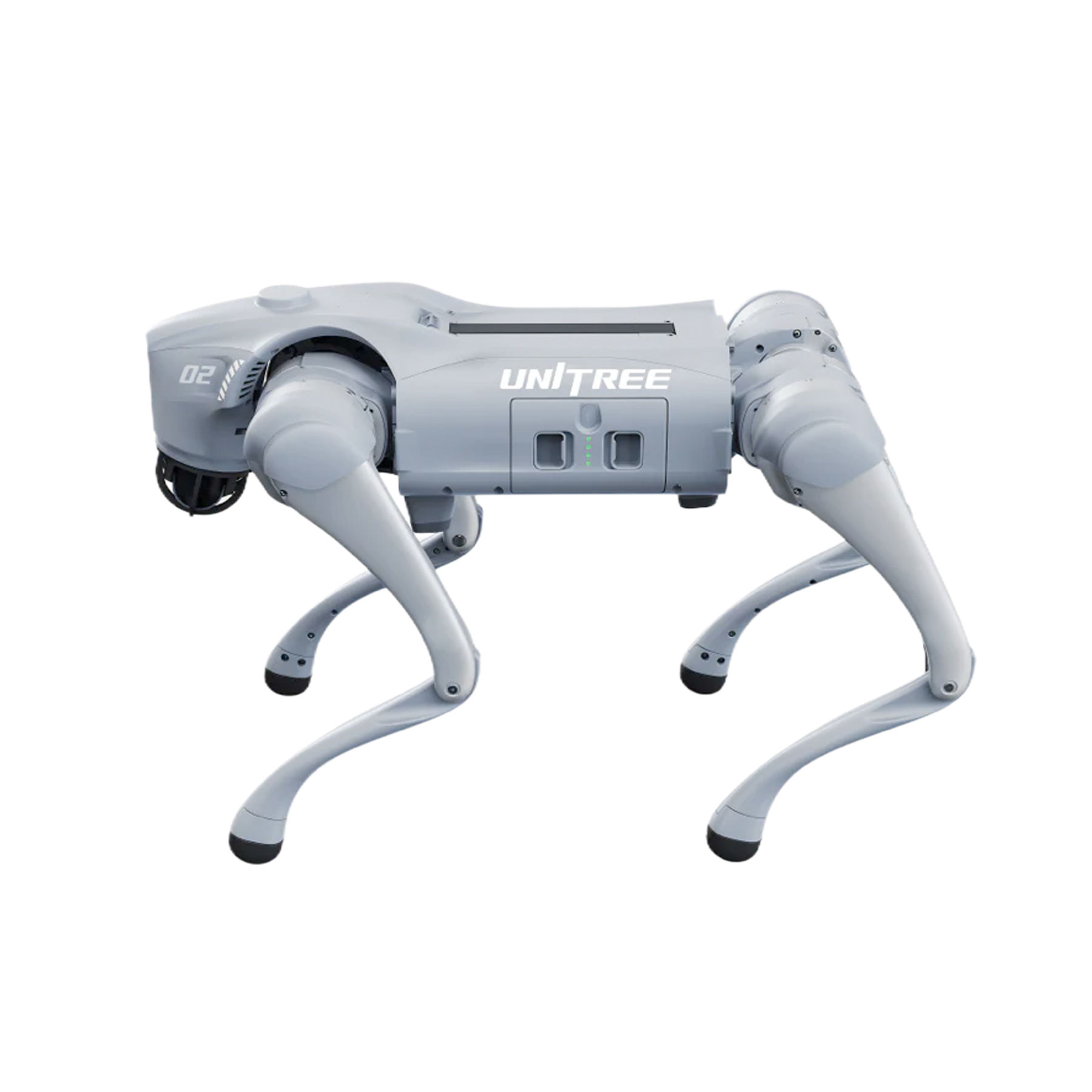 Un perro robot gris con la palabra 'UNITREE' en su cuerpo. Tiene cuatro patas y está sobre un fondo blanco.