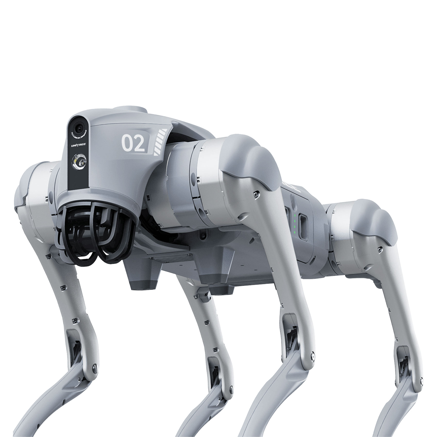 Un robot gris con cuatro patas, una cámara y el número 02. Está sobre un fondo blanco.