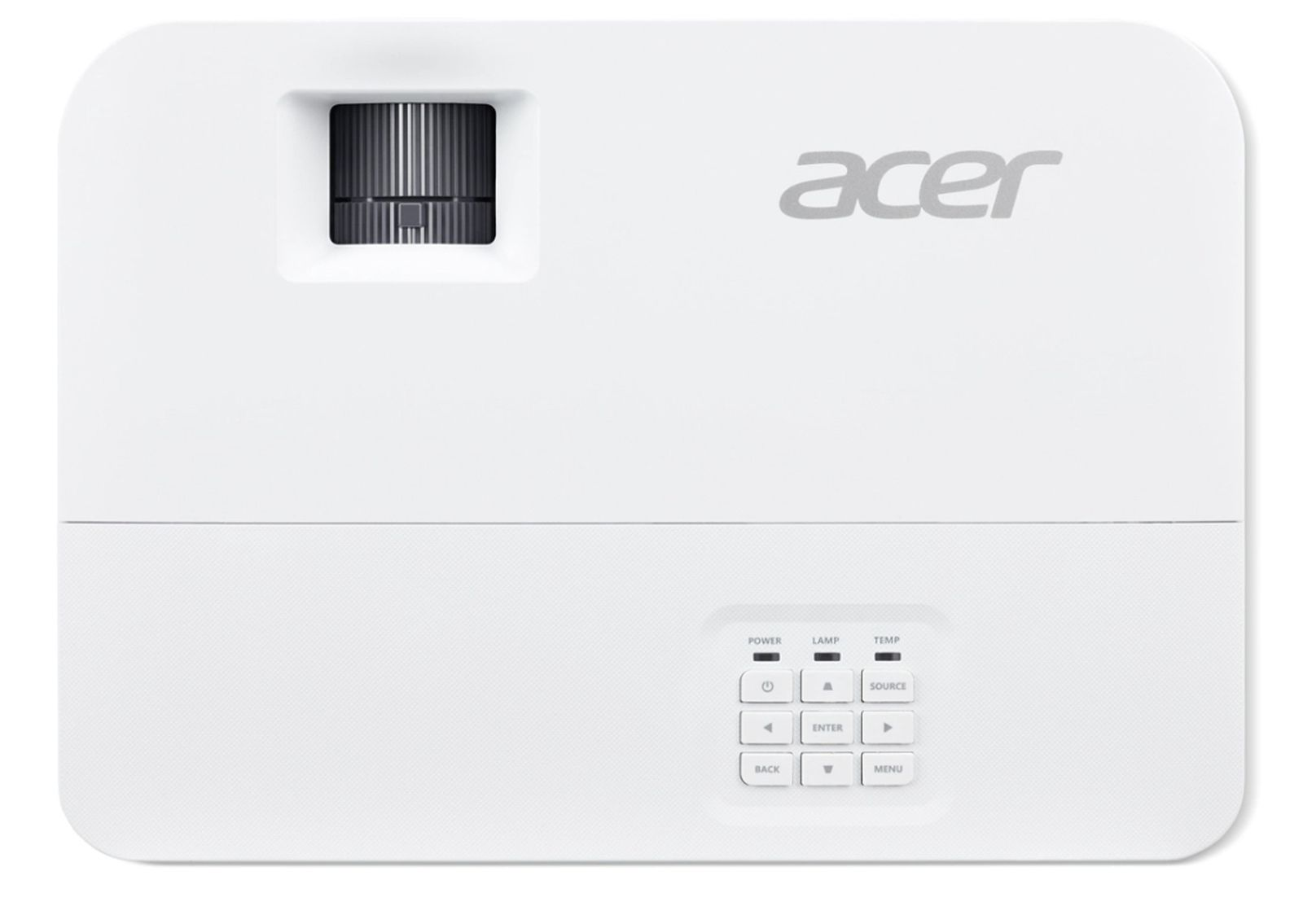 Biały projektor Acer z przyciskami sterowania. Ma obiektyw i logo Acer. Widoczne są przyciski zasilania, lampy, temperatury i źródła.