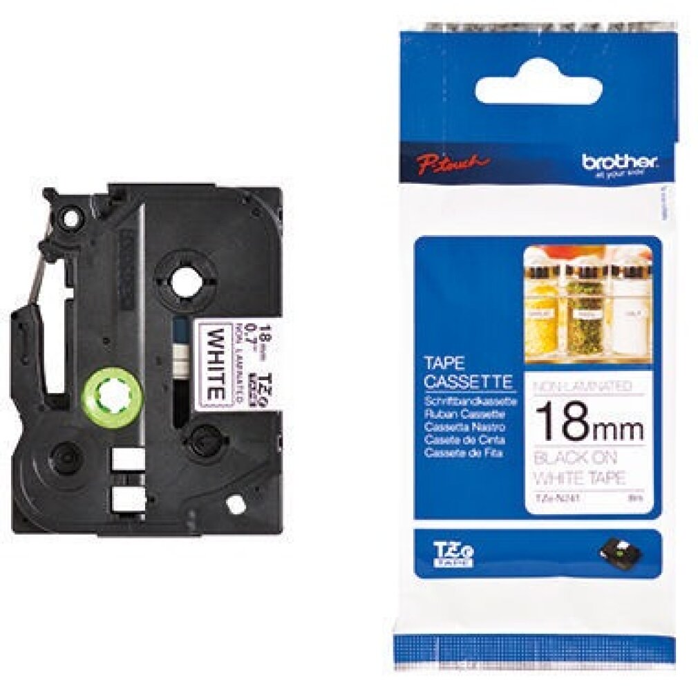 Eine Etikettendrucker-Kassettenband und seine Verpackung werden angezeigt. Die Kassette ist schwarz und weiß, die Verpackung blau und weiß.