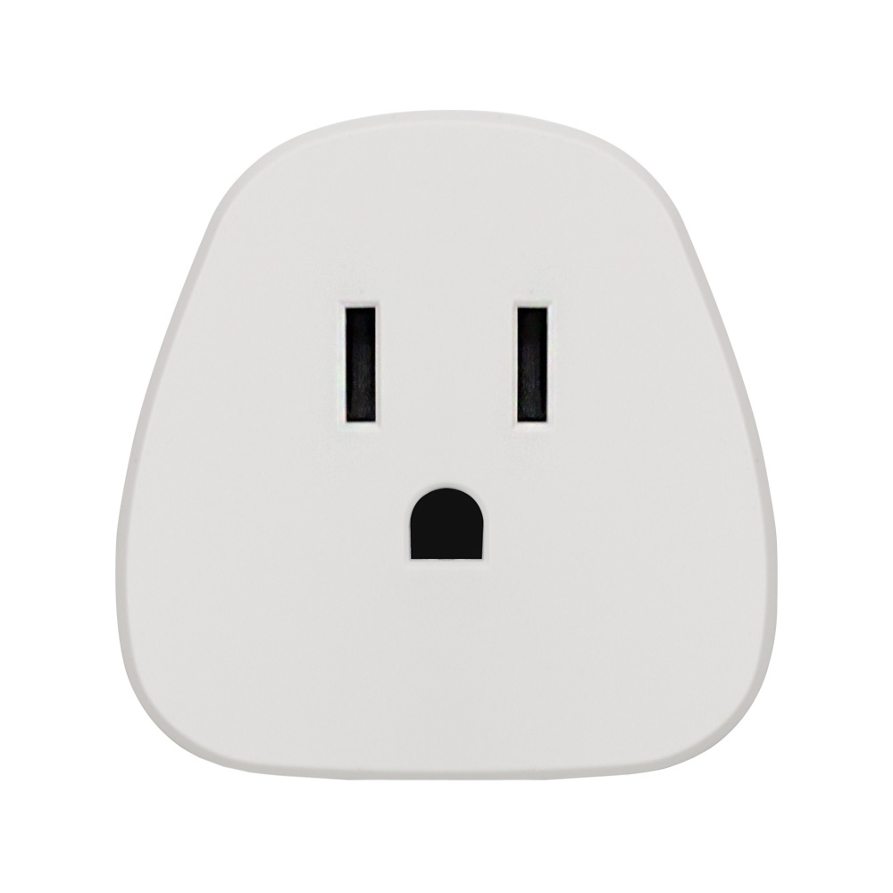 Biała inteligentna wtyczka z trzema czarnymi otworami. Ma zaokrąglony kształt, wyglądający jak twarz.