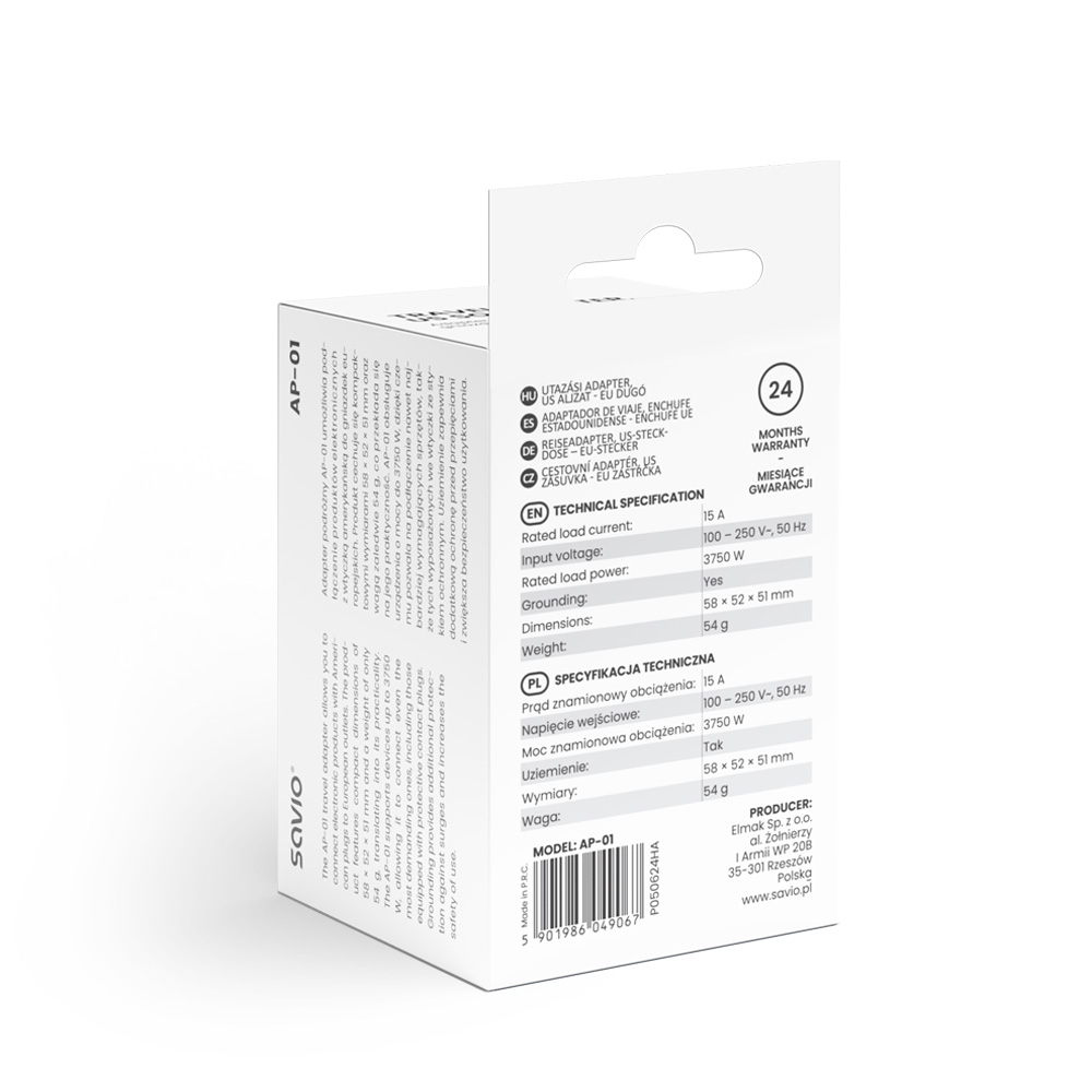 Białe pudełko adaptera podróżnego z tekstem. Wymienione specyfikacje techniczne. Model AP-01. Zawiera informacje o gwarancji i dane producenta.