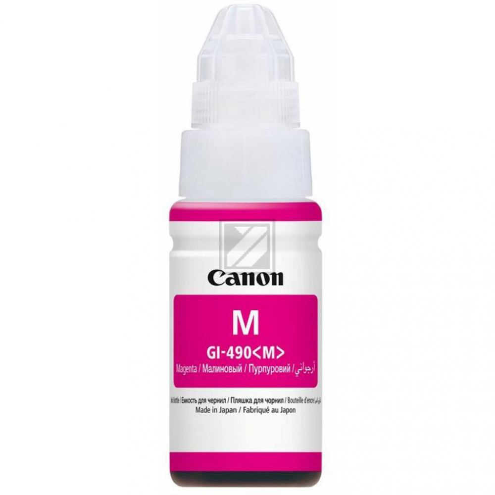 Una botella de tinta magenta Canon. Tiene una tapa blanca y una etiqueta rosa con la letra M y el código GI-490<lt/>M<gt/>.