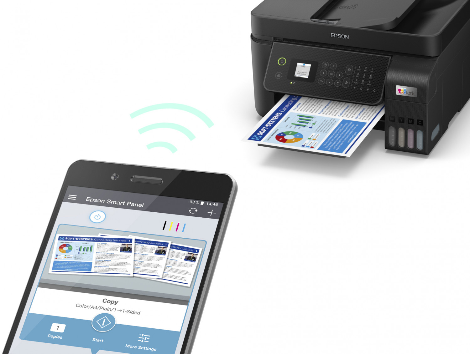 Una stampante Epson stampa un documento. Uno smartphone mostra lo stesso documento. Sono visibili le icone del segnale wireless.