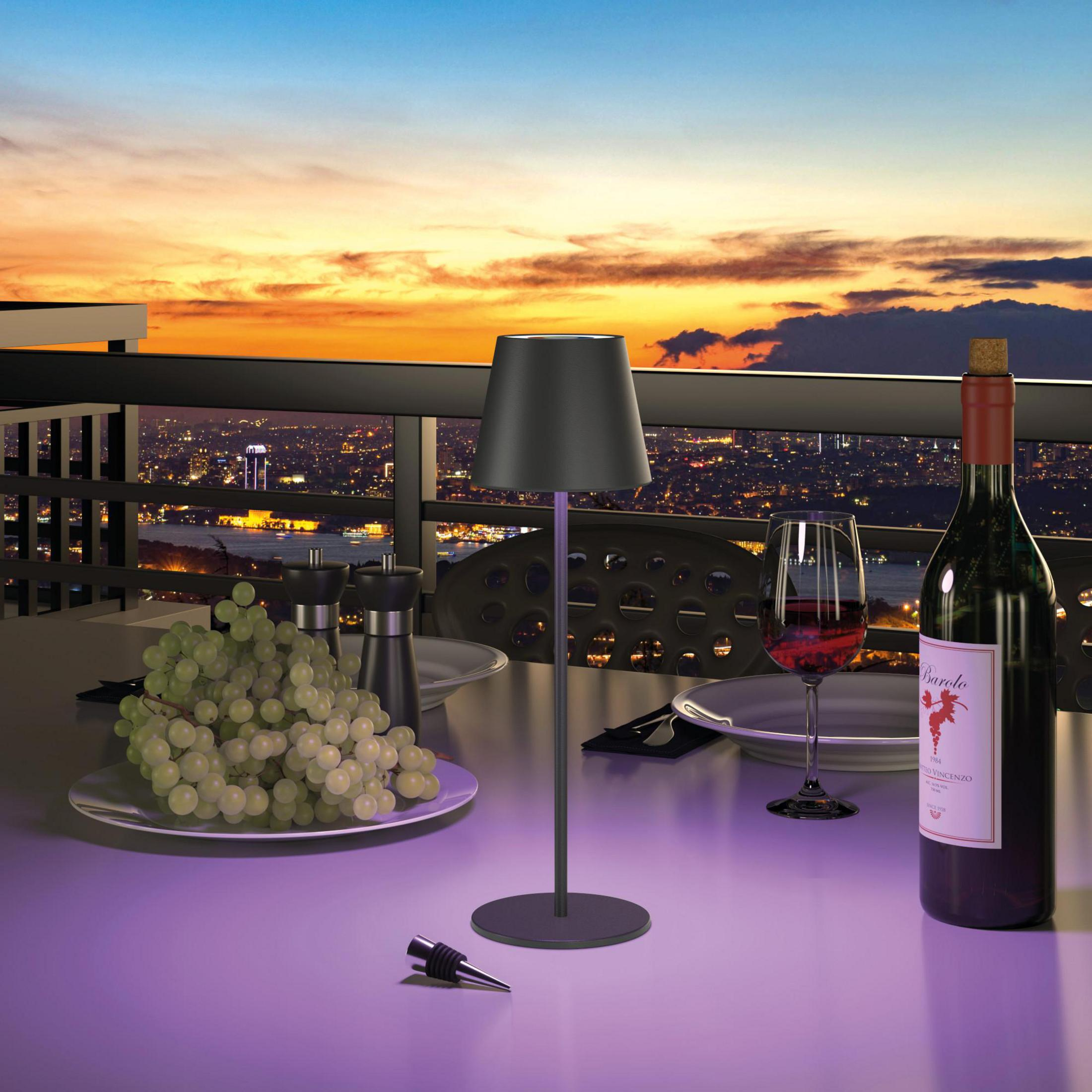 Table setting with grapes, wine, lamp, overlooking a cityscape at sunset. Includes a bottle of wine and a wine glass.