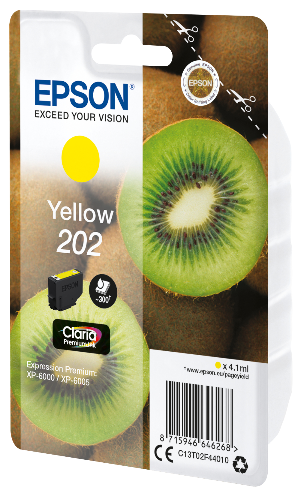 Kartridż z żółtym tuszem Epson 202. Obraz zawiera kiwi, informacje o produkcie i markę Epson.