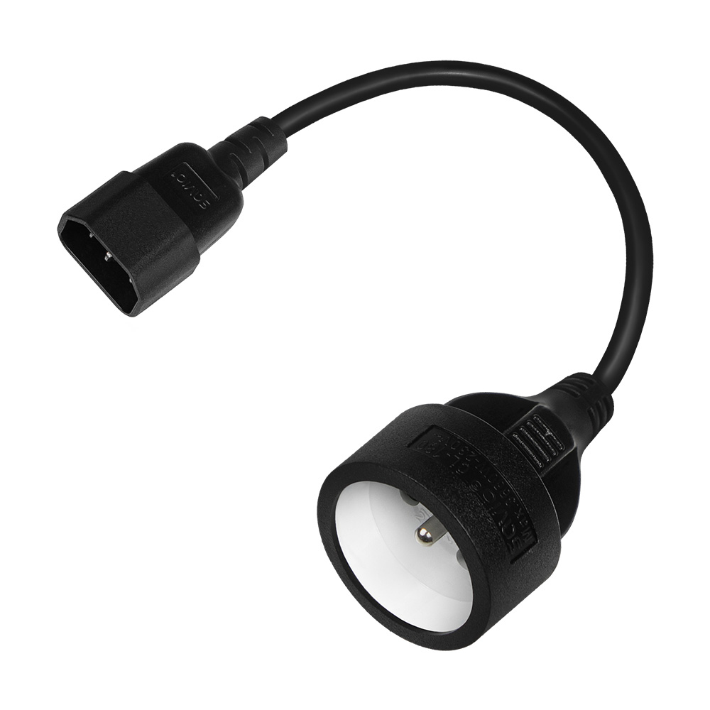 Un adaptador de corriente negro con cable curvado. Un extremo tiene conector hembra, el otro un enchufe macho con interior blanco.
