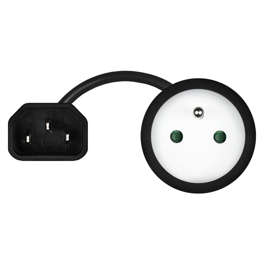 Un cable de alimentación negro con un conector IEC hembra y un enchufe redondo y blanco con dos agujeros verdes. El cable está arqueado.