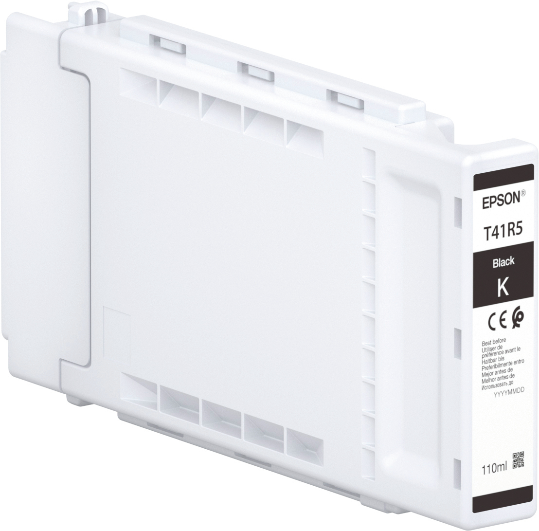 Una cartuccia di inchiostro Epson T41R5 bianca per stampanti, etichettata 'Black K' e '110ml'. Include dettagli sull'uso e la scadenza.