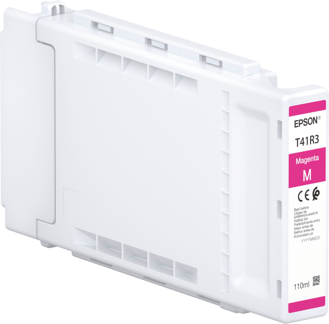 Una cartuccia d'inchiostro Epson bianca con un'etichetta magenta che indica 'Magenta M' e 'T41R3'.