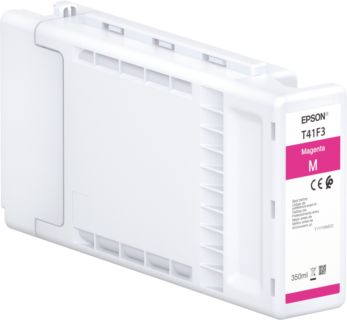 Una cartuccia d'inchiostro Epson bianca con un'etichetta magenta con la scritta 'Magenta M'. La cartuccia è etichettata T41F3 e contiene 350 ml.