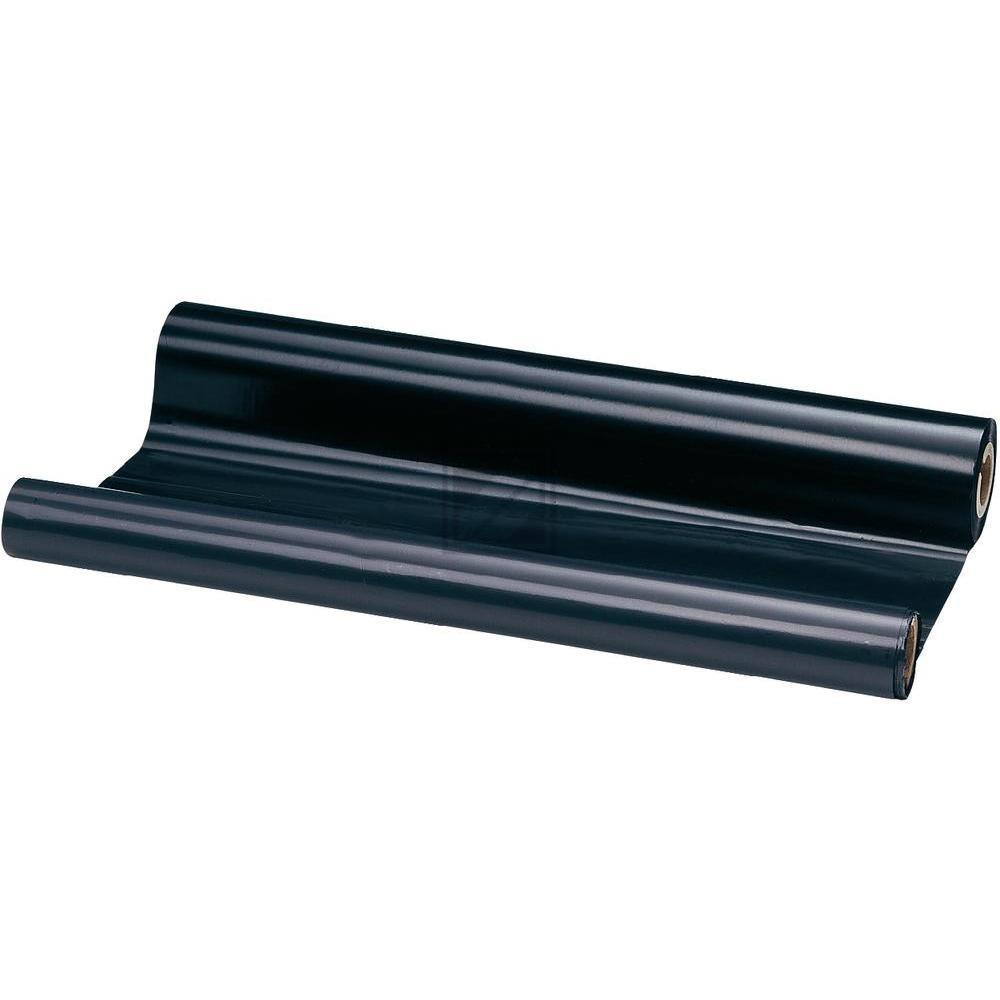 Un rotolo di pellicola di plastica nera è steso. È lucido, con una parte arrotolata, che mostra gli strati.