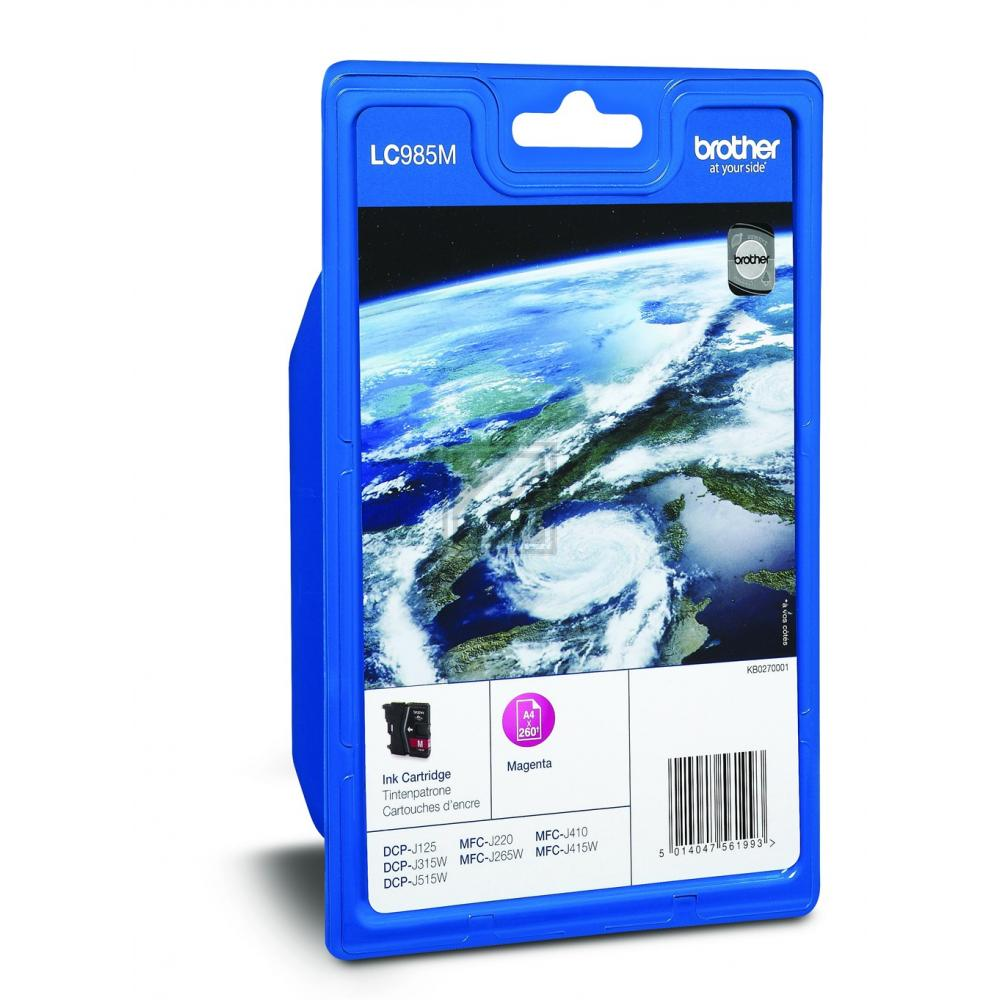A Brother LC985M magenta ink cartridge package. The package shows a picture of Earth. Contains ink cartridge and printer compatibility.