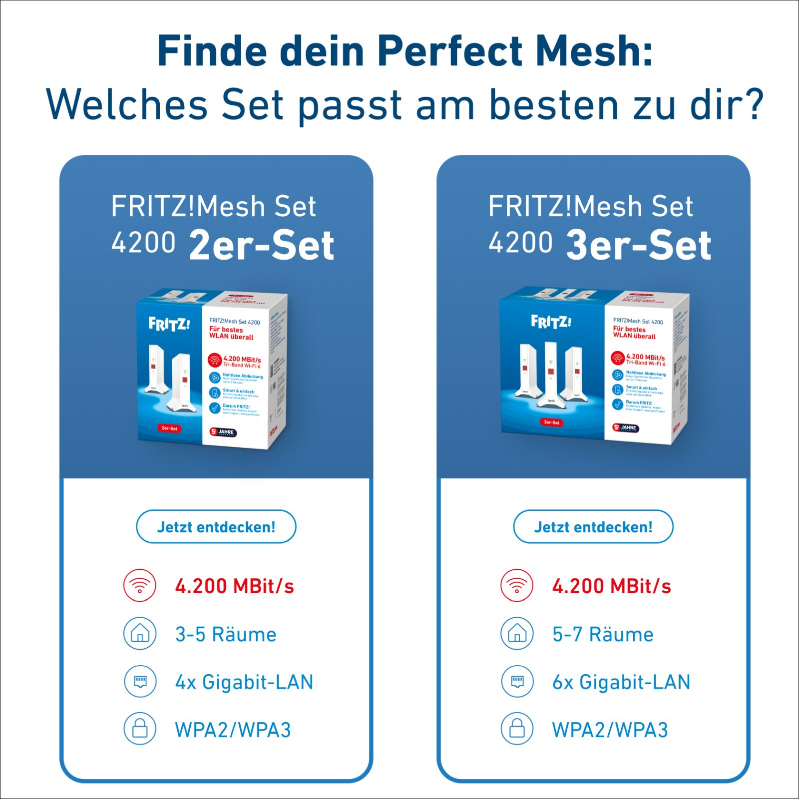 L'image montre deux ensembles de maillage Wi-Fi avec des spécifications. Texte en allemand: Trouvez votre maillage parfait.