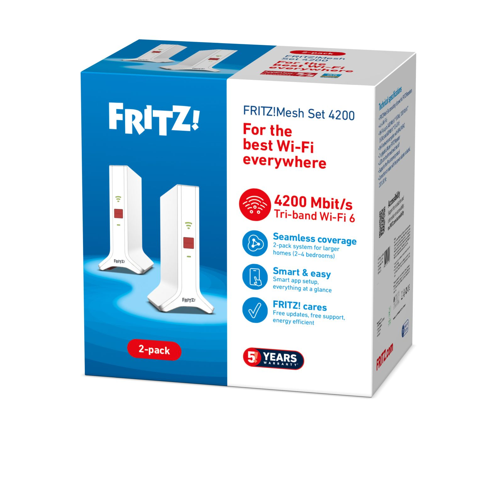 Une boîte avec un ensemble de routeurs. Elle est blanche et bleue, avec le logo FRITZ!. Elle annonce les fonctionnalités Wi-Fi.