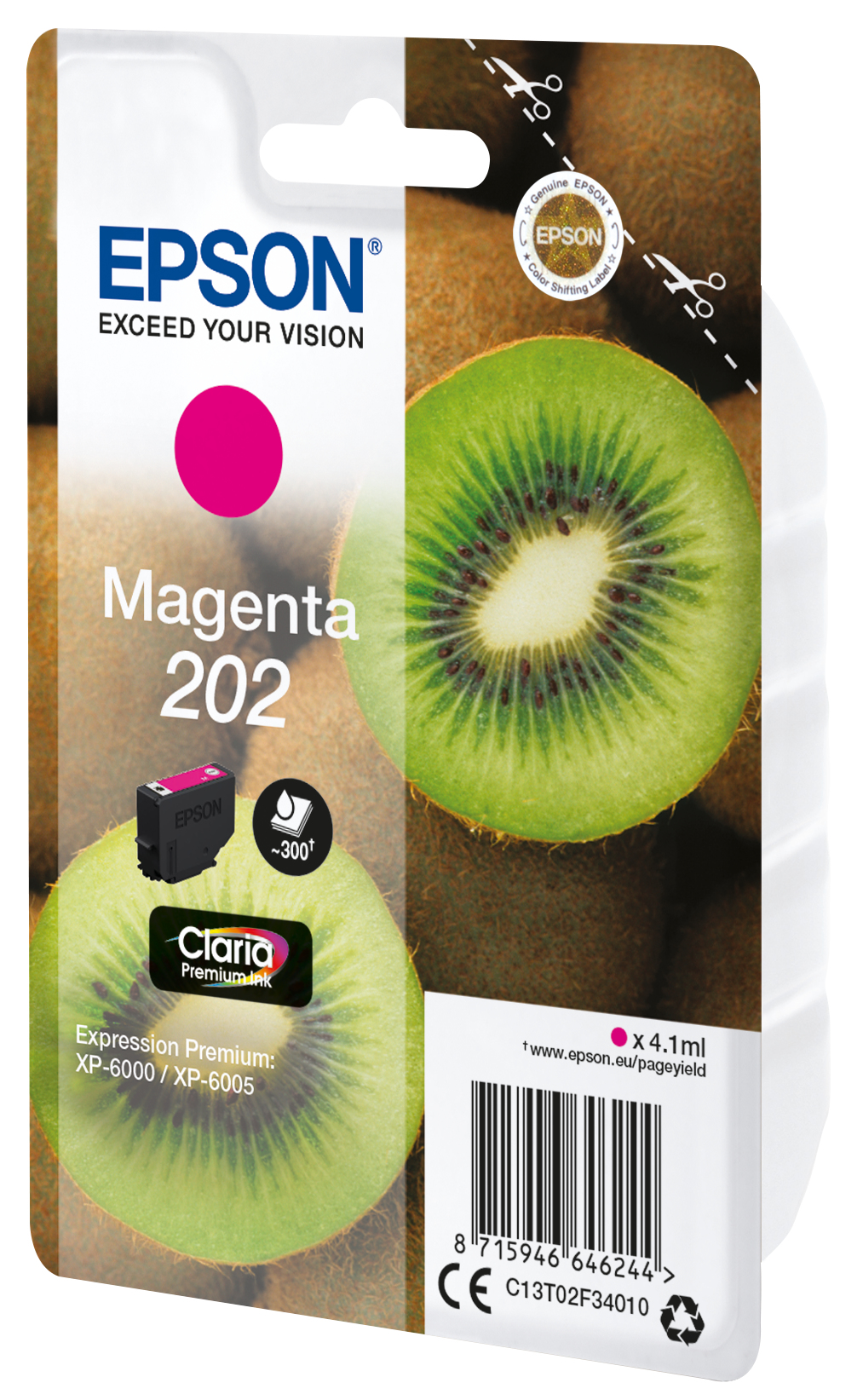 Cartouche d'encre Epson Magenta 202. L'image montre un kiwi avec la cartouche et des détails sur son utilisation.