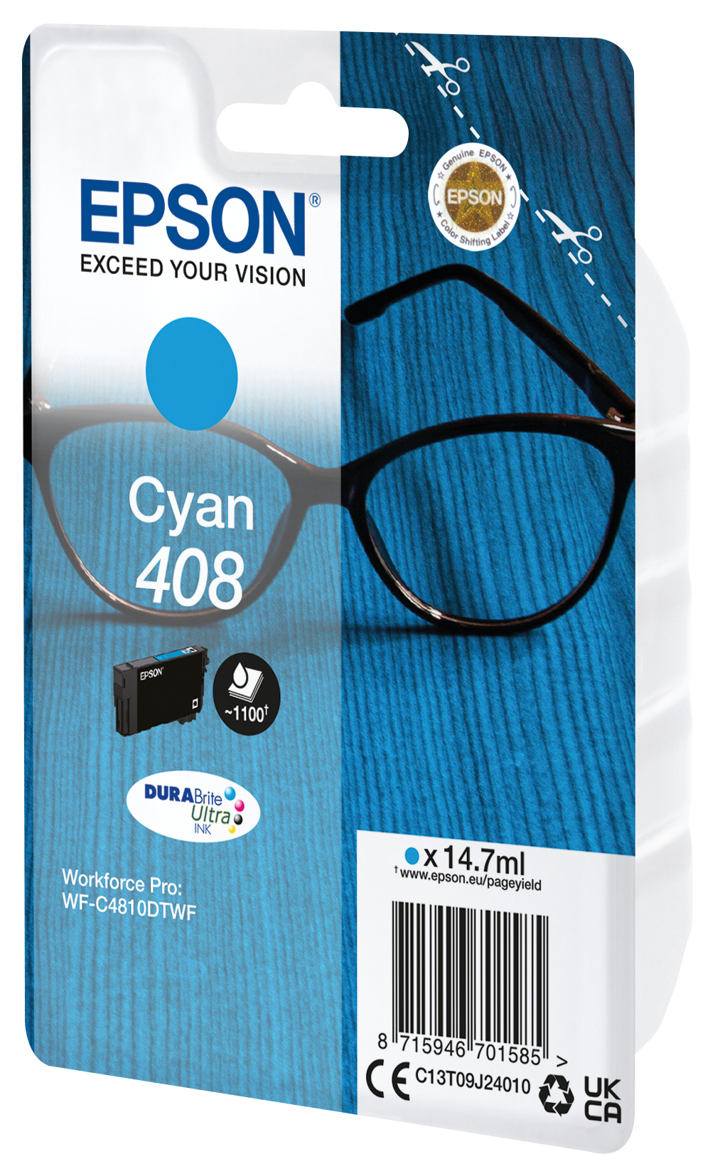 Wkład atramentowy Epson Cyan 408. Czarne okulary nakładają się na niebieskie tło. Etykieta produktu zawiera szczegóły.