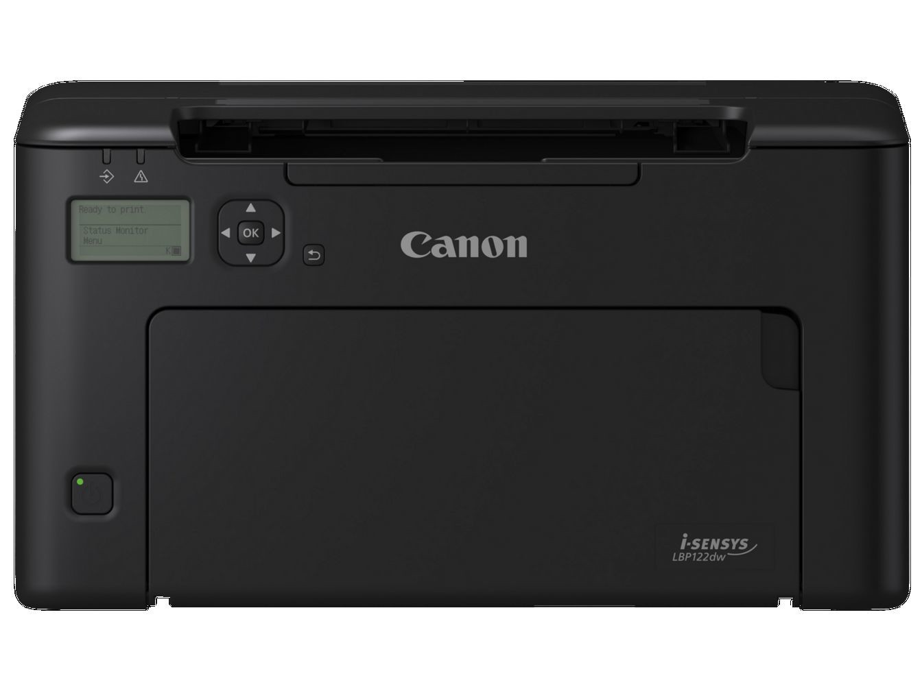 Czarna drukarka Canon. Posiada wyświetlacz z napisem 'Ready to print' oraz przyciski sterowania. Model to i-SENSYS LBP122dw.