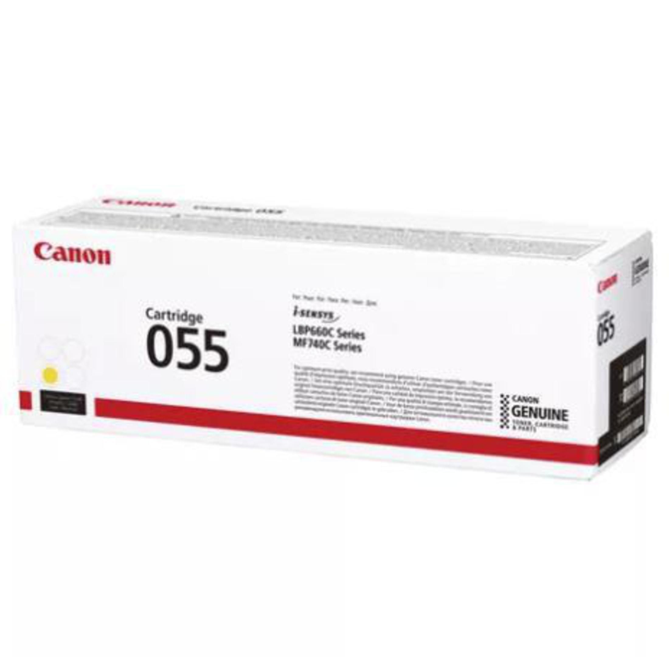 Pudełko z wkładem do drukarki Canon. Jest białe z czerwonymi akcentami i numerem 055. Widoczne są Canon i Genuine.