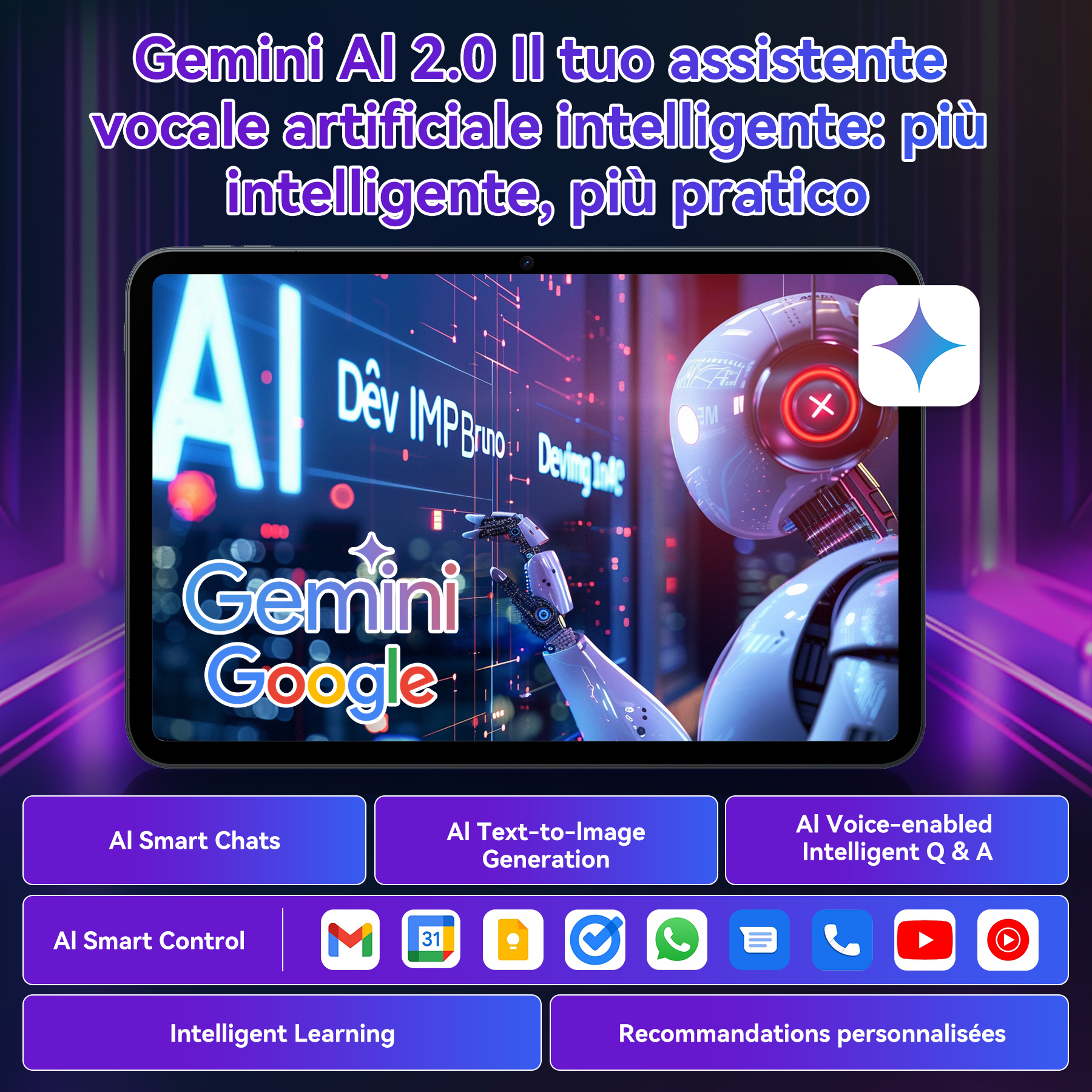 Un tablet mostra Gemini AI, un robot e icone di app. Il testo include 'AI' e 'Google', promuovendo le sue funzionalità.